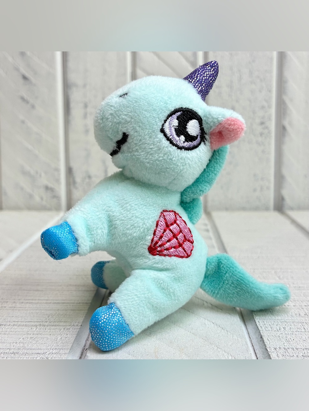 Miniature Unicorn Plushie Teal Blue W/Pink Jewel Embroidery Cute Stuffed Toy 4”